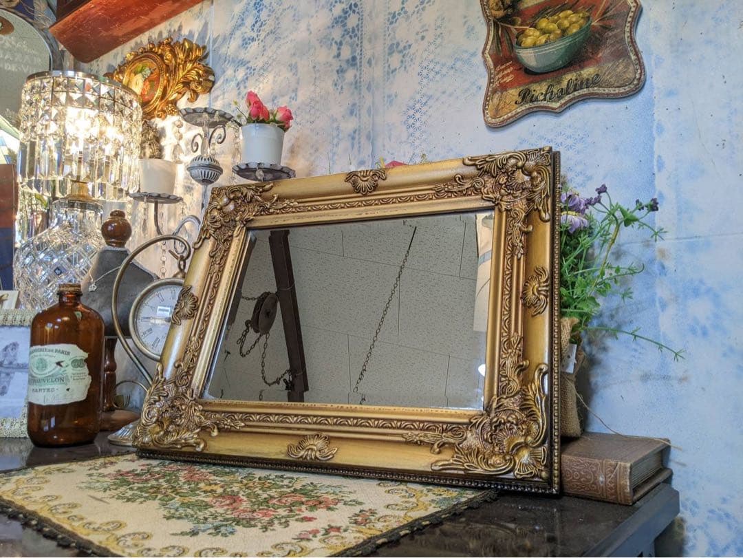 アンティークな額縁ミラー 調 ウォールミラー アンティークゴールド フレーム