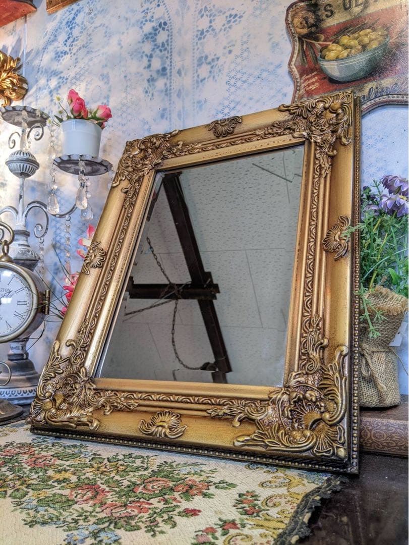 アンティークな額縁ミラー 調 ウォールミラー アンティークゴールド フレーム