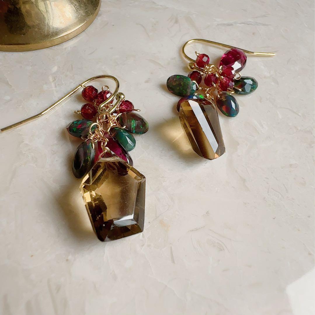 ♢宝石質♢ビアクォーツ ブラックオパール 14kgf ピアス/イヤリング