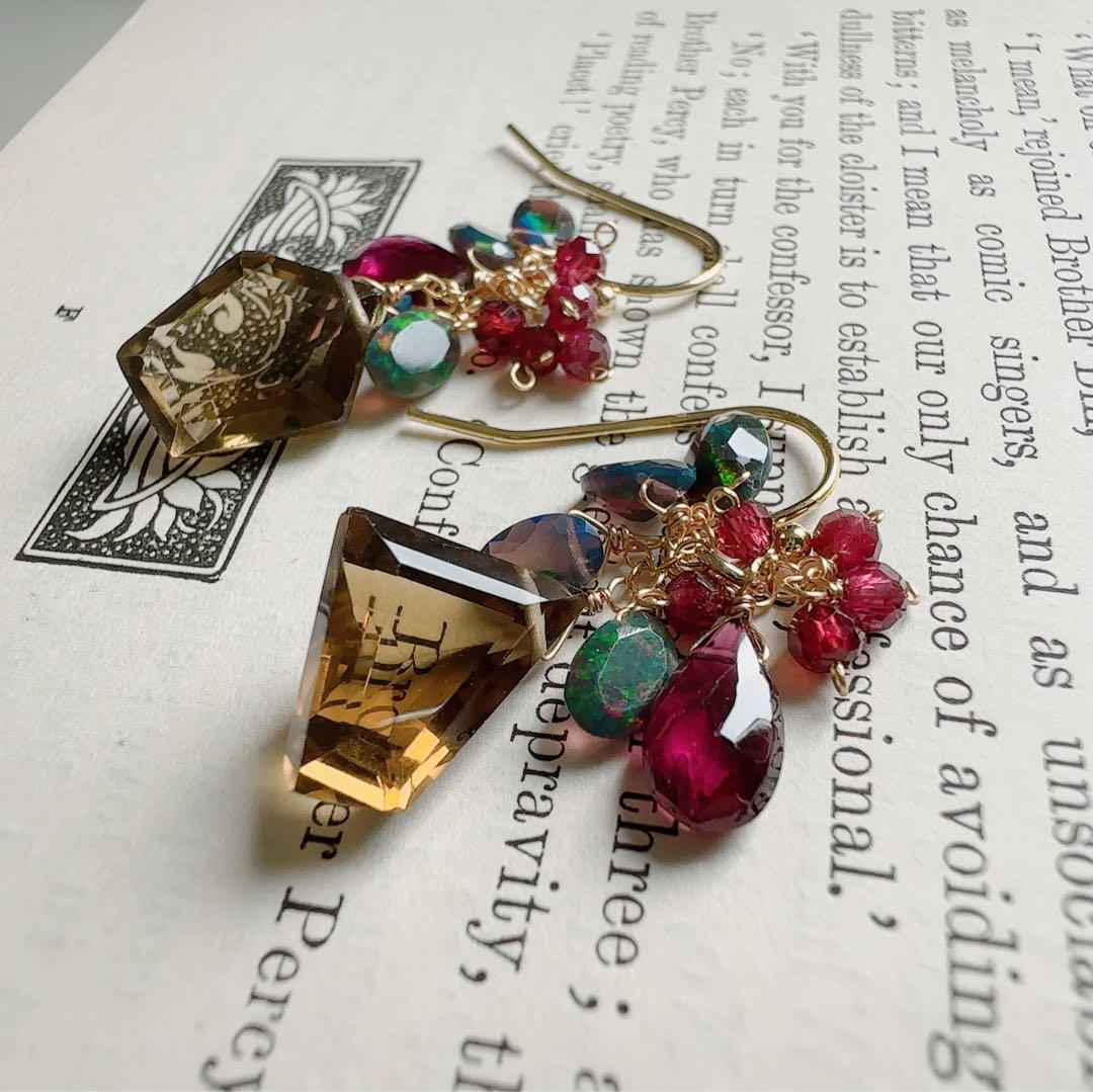 ♢宝石質♢ビアクォーツ ブラックオパール 14kgf ピアス/イヤリング