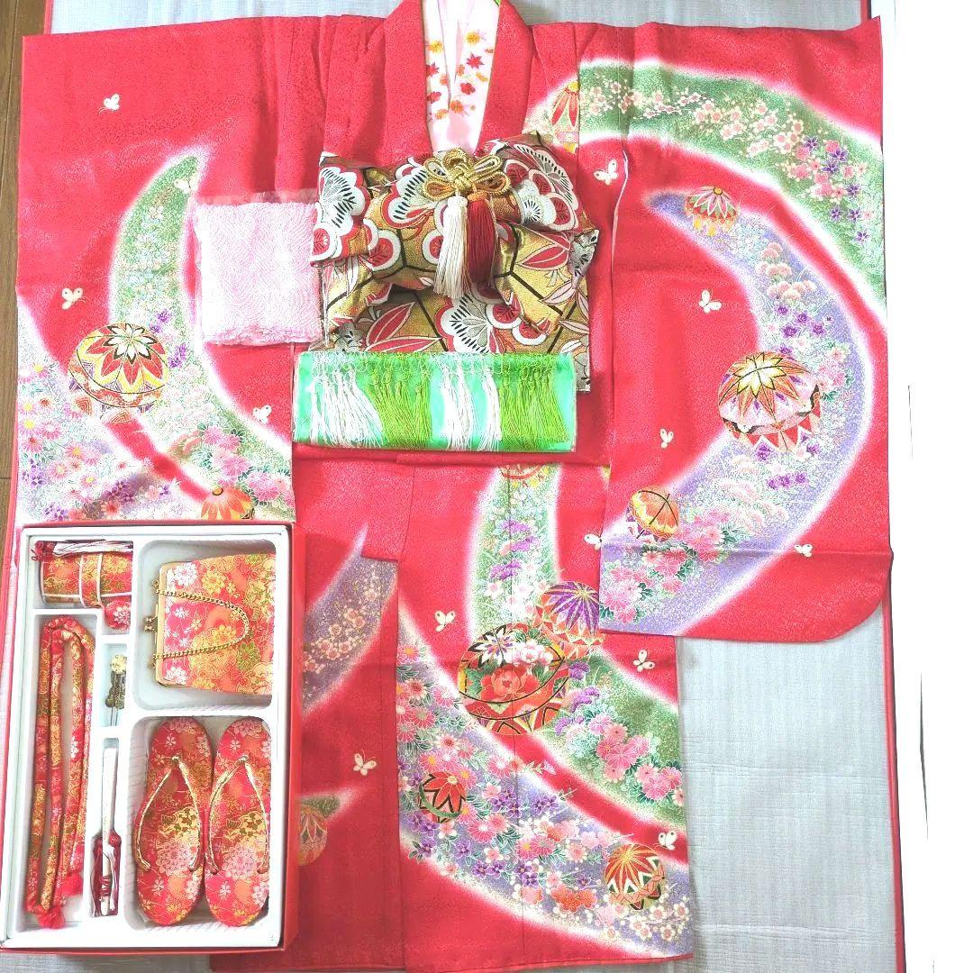 七五三フルセット　七歳　鞠文　美品　金彩加工　正絹他　赤