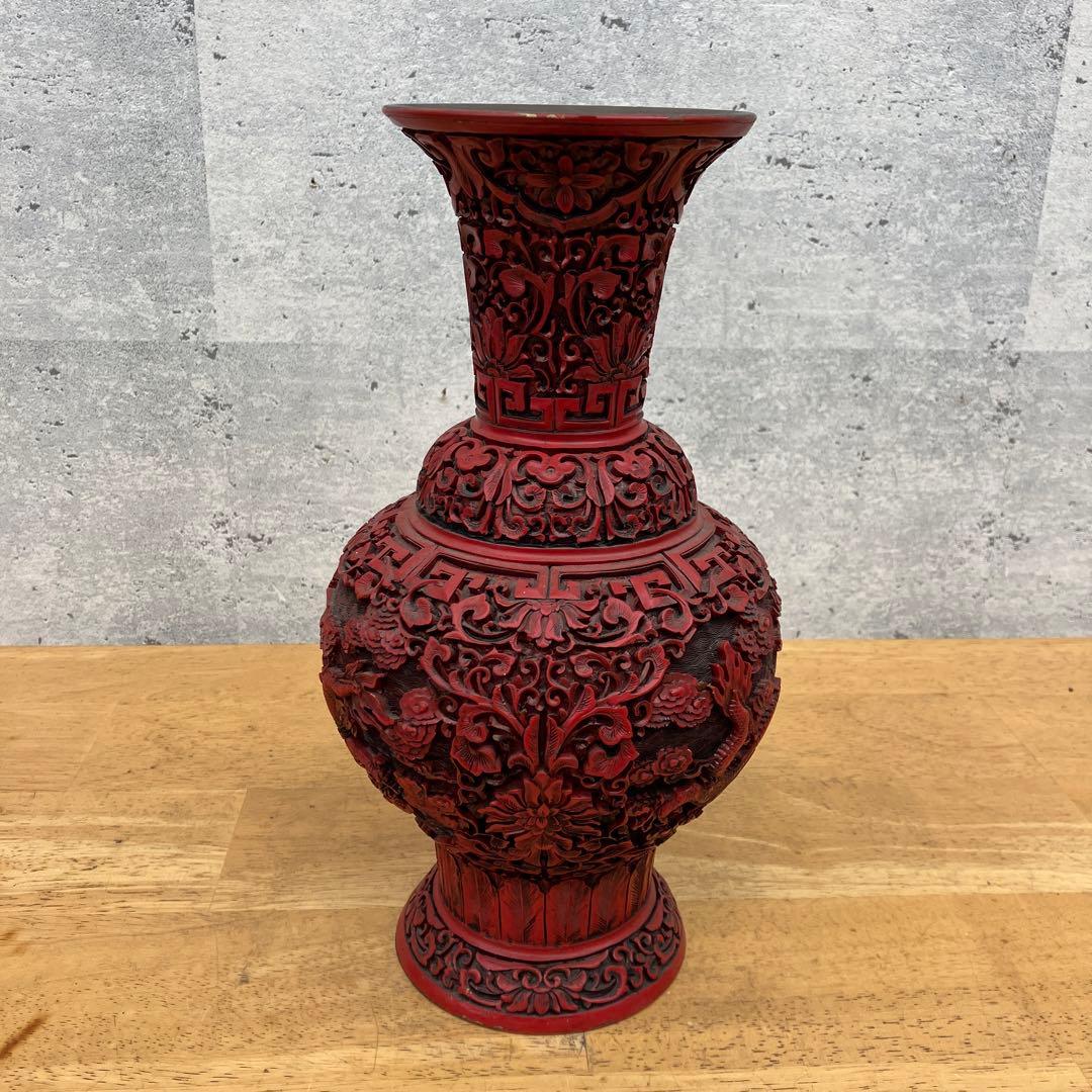 中国美術工芸品 骨董品 堆朱 龍 竜 花 彫刻 赤壺 壺 飾り壺 花器 花瓶