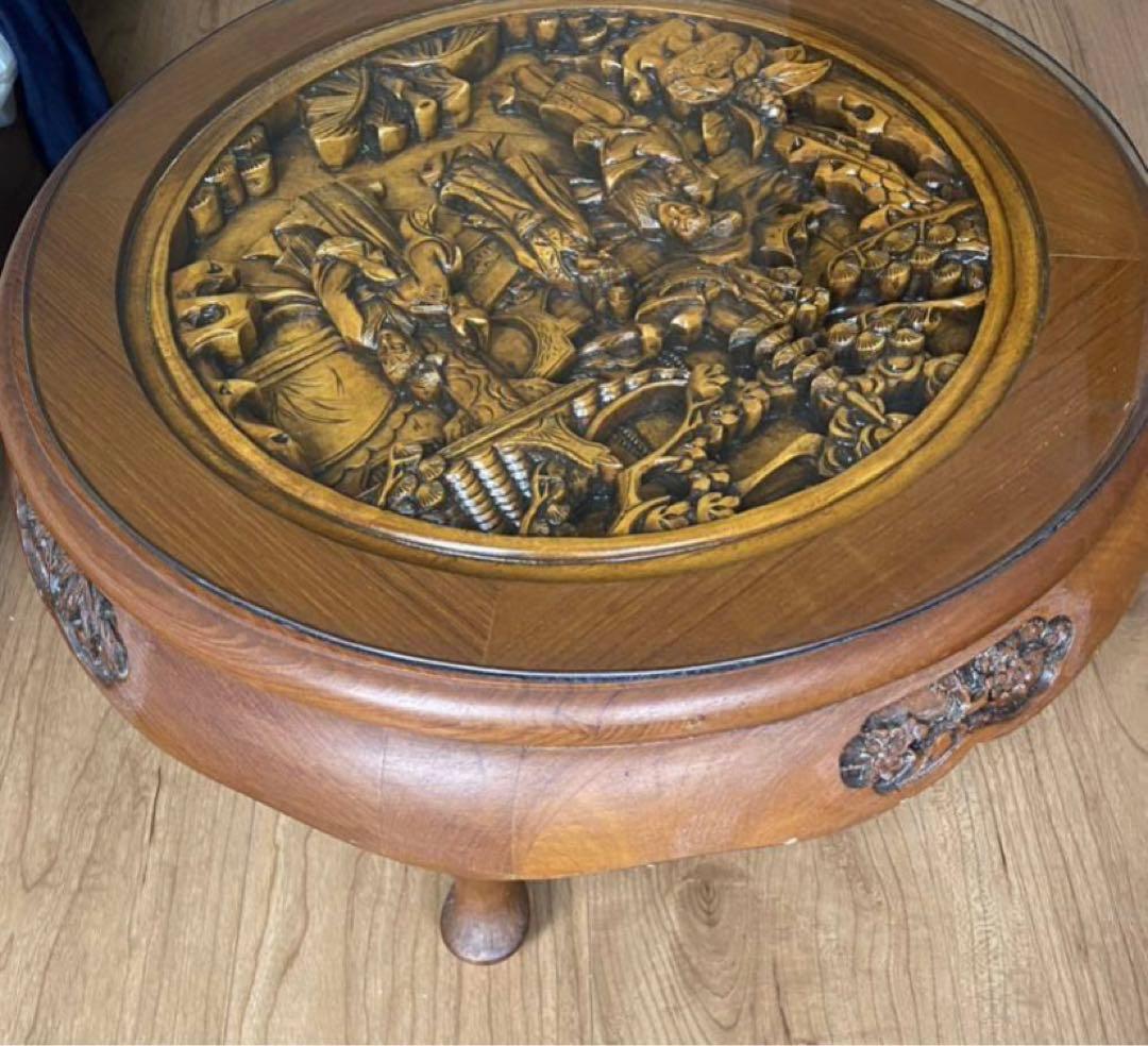 中国古美術 人物彫丸形円卓プレート唐木四脚52cm X52cm X高20.5cm