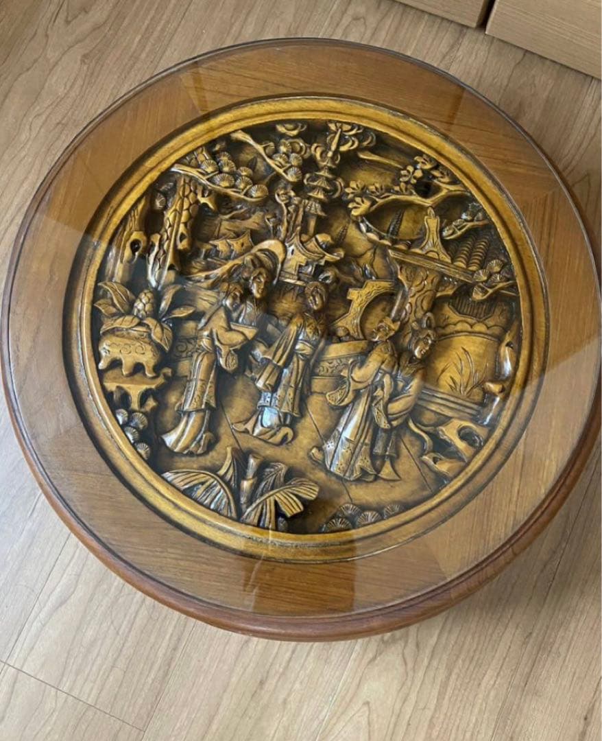 中国古美術 人物彫丸形円卓プレート唐木四脚52cm X52cm X高20.5cm