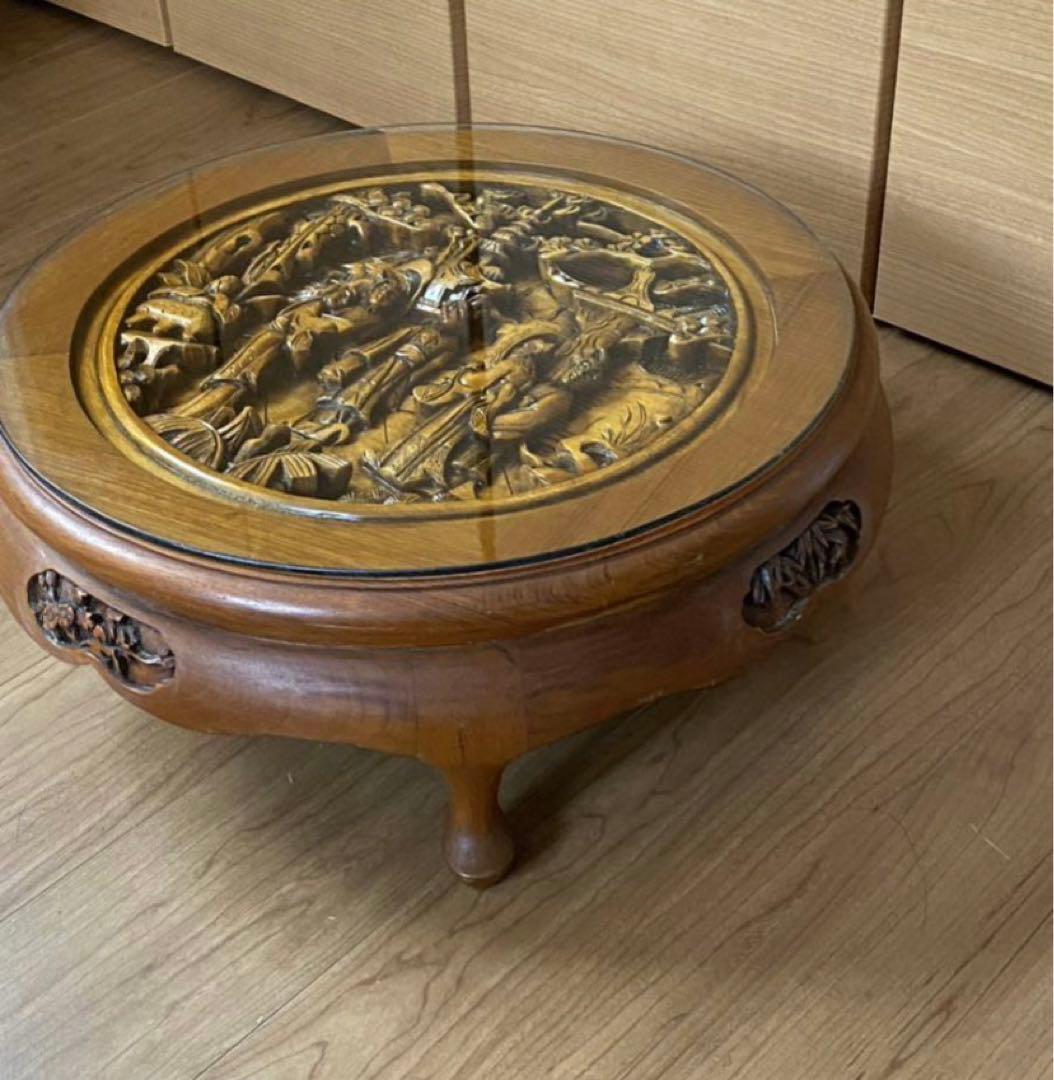 中国古美術 人物彫丸形円卓プレート唐木四脚52cm X52cm X高20.5cm