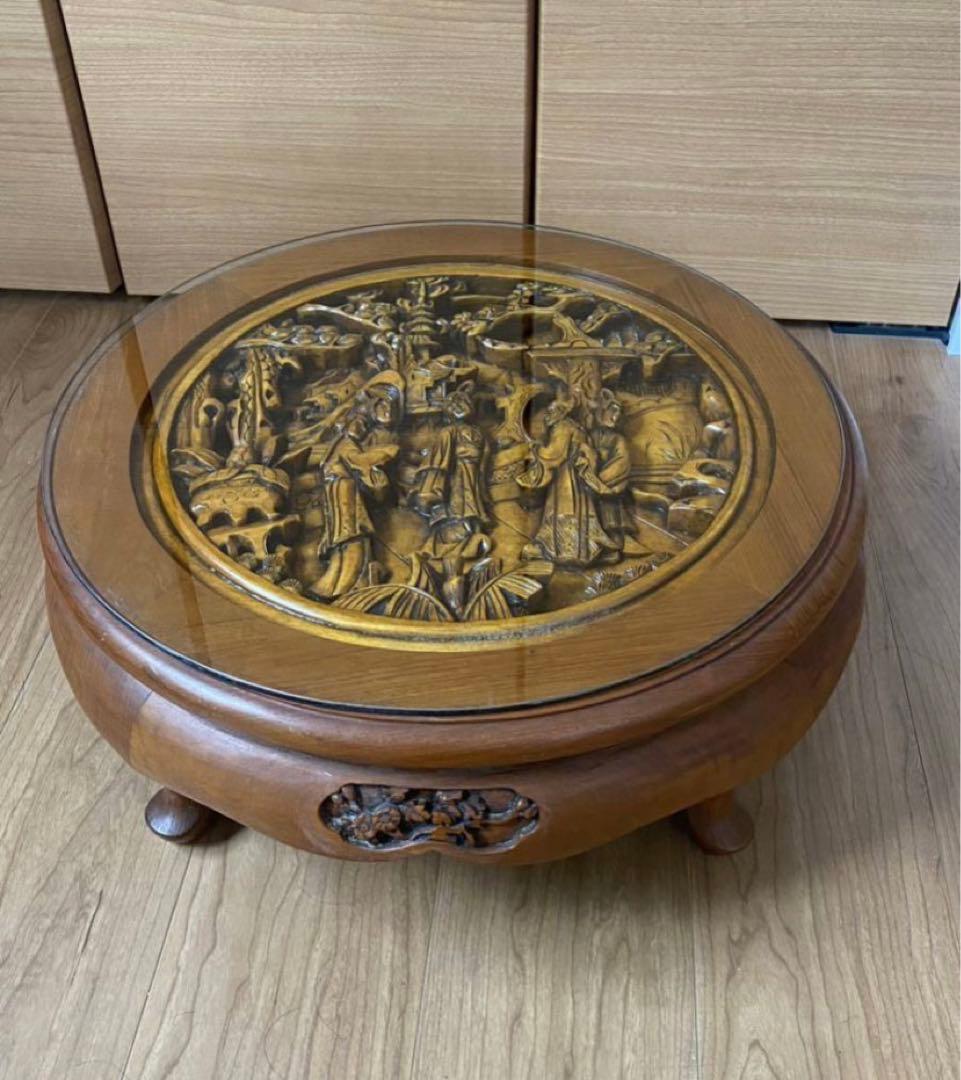 中国古美術 人物彫丸形円卓プレート唐木四脚52cm X52cm X高20.5cm