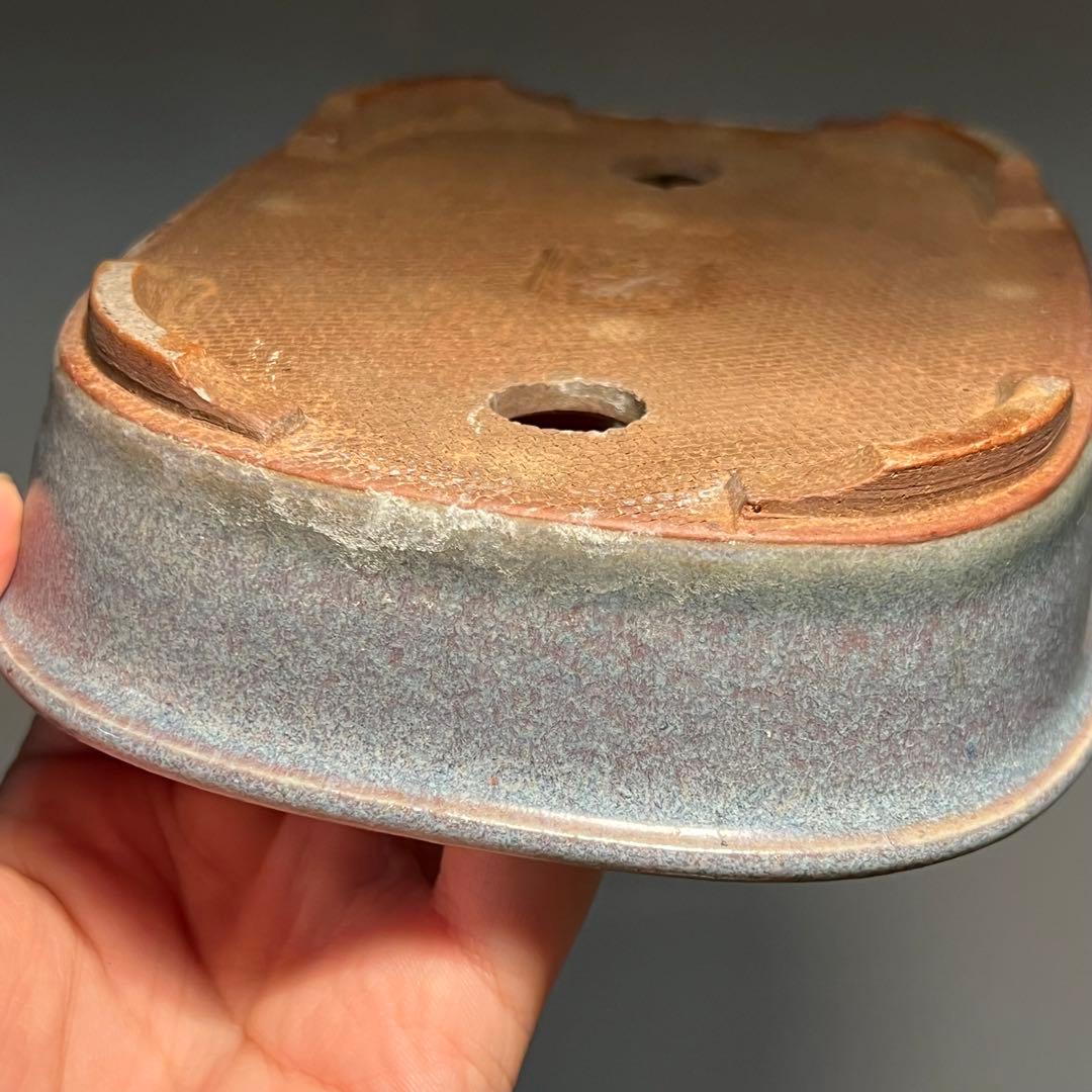 831.虹泉 紫釉抚角段足長方 盆栽鉢 植木鉢 16.8*13.3*4cm