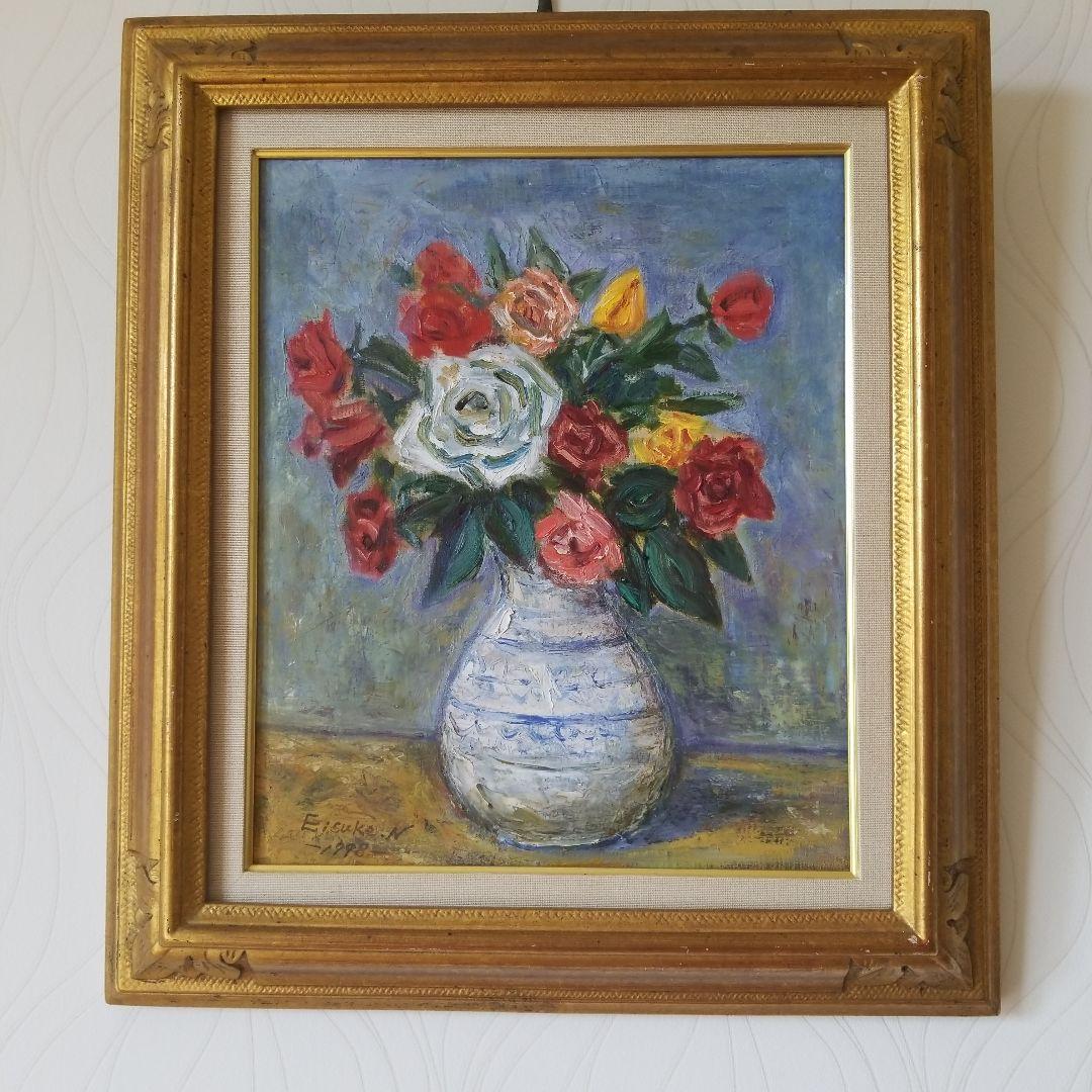 絵画　ばら《薔薇》静物画　油絵　F8 額付き