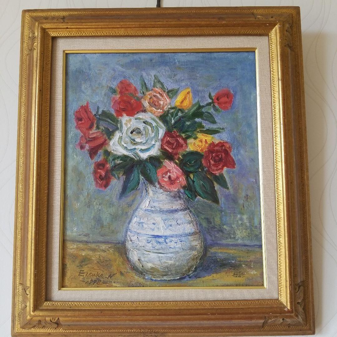 絵画　ばら《薔薇》静物画　油絵　F8 額付き