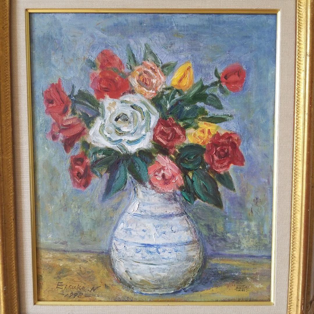 絵画　ばら《薔薇》静物画　油絵　F8 額付き