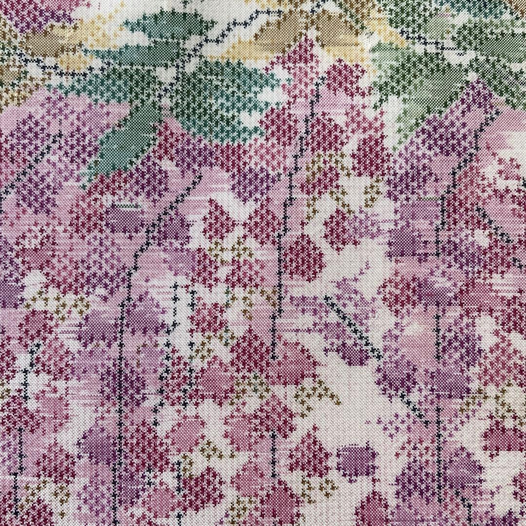 大島紬　満開の藤の花　リメイク　胡桃皮ハンドルバッグ