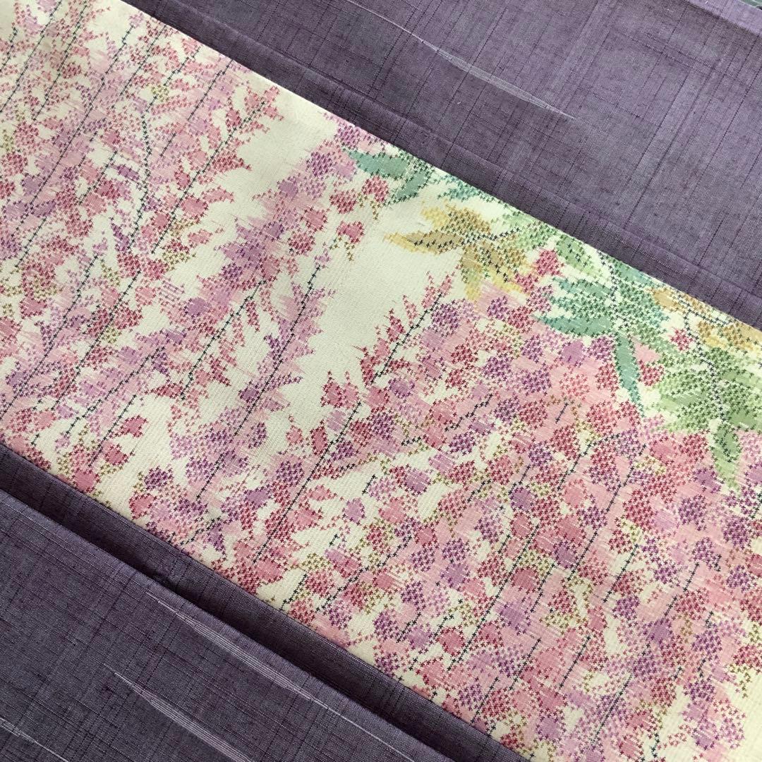 大島紬　満開の藤の花　リメイク　胡桃皮ハンドルバッグ