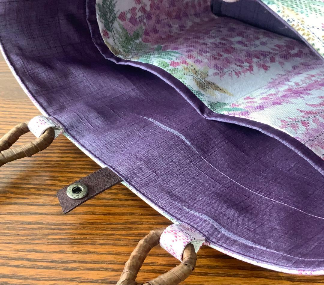 大島紬　満開の藤の花　リメイク　胡桃皮ハンドルバッグ