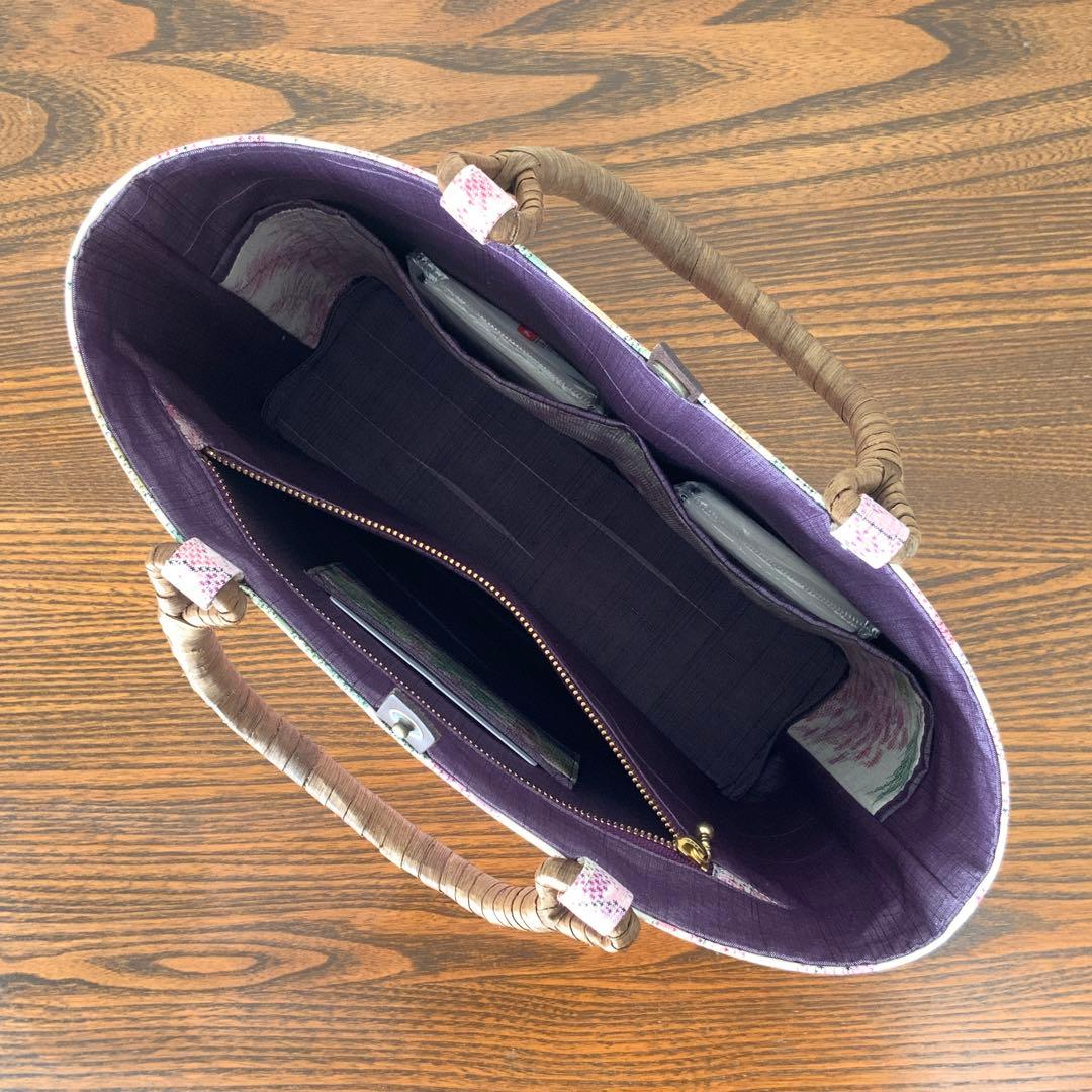 大島紬　満開の藤の花　リメイク　胡桃皮ハンドルバッグ