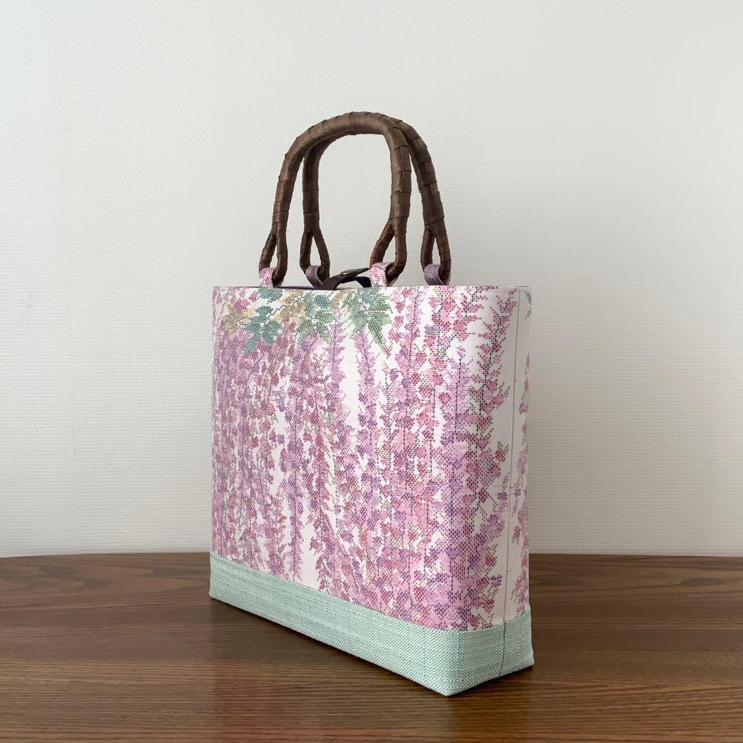 大島紬　満開の藤の花　リメイク　胡桃皮ハンドルバッグ