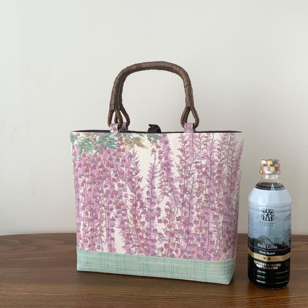 大島紬　満開の藤の花　リメイク　胡桃皮ハンドルバッグ