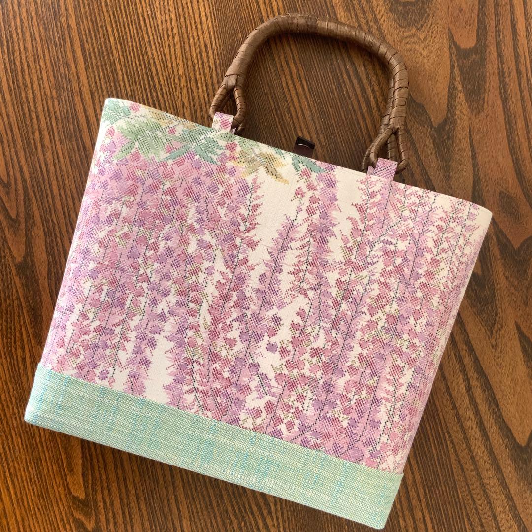 大島紬　満開の藤の花　リメイク　胡桃皮ハンドルバッグ