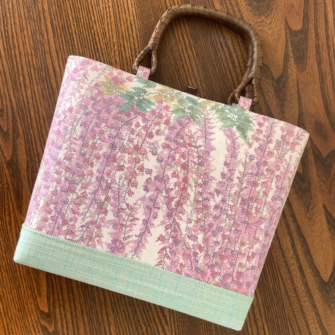 大島紬　満開の藤の花　リメイク　胡桃皮ハンドルバッグ