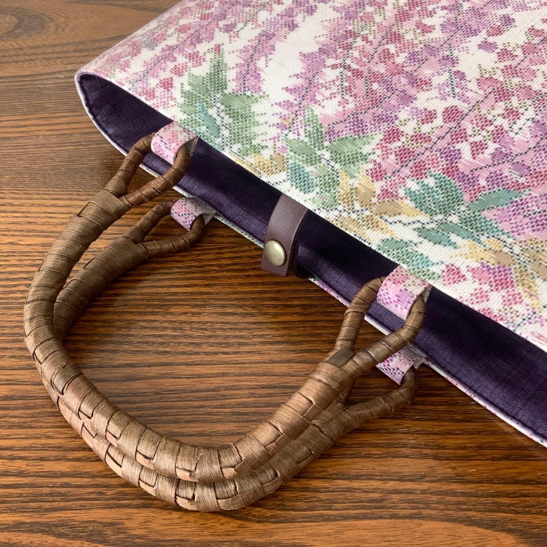 大島紬　満開の藤の花　リメイク　胡桃皮ハンドルバッグ