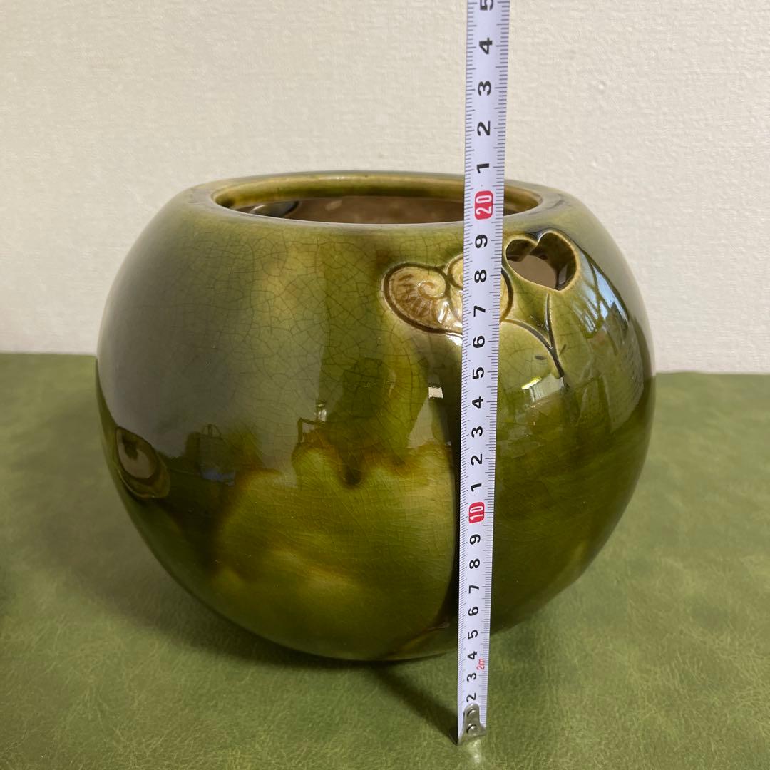 火鉢 織部　蓋付き　香炉　蚊取り線香入れ 花器 炭 灰 陶器 透かし インテリア