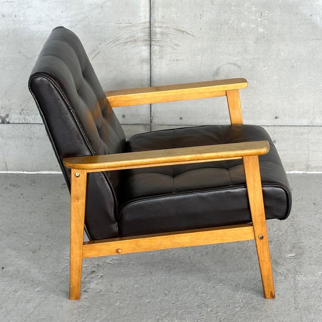 ✦昭和レトロ✦喫茶店風 木肘ソファ｜ブラックPUレザーチェア ヴィンテージ家具