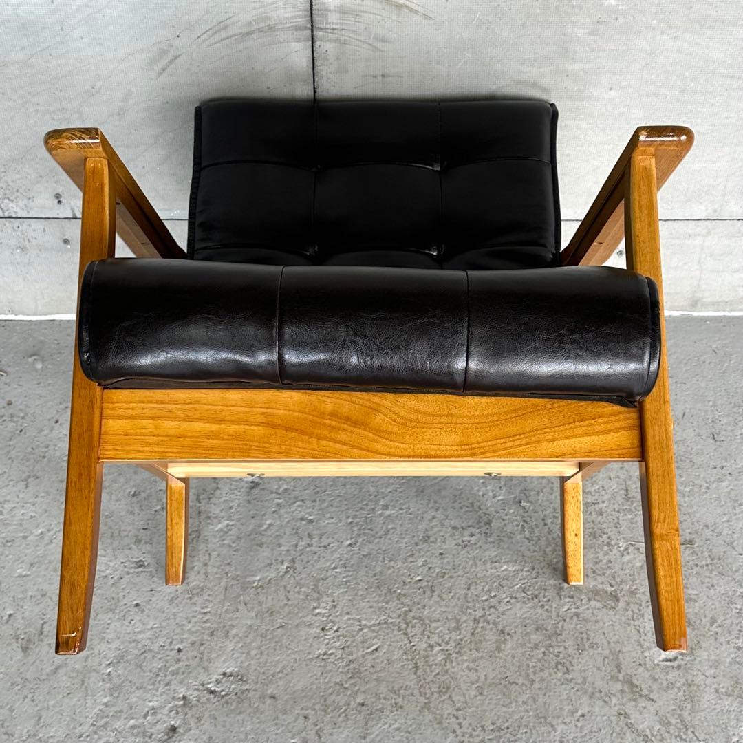 ✦昭和レトロ✦喫茶店風 木肘ソファ｜ブラックPUレザーチェア ヴィンテージ家具