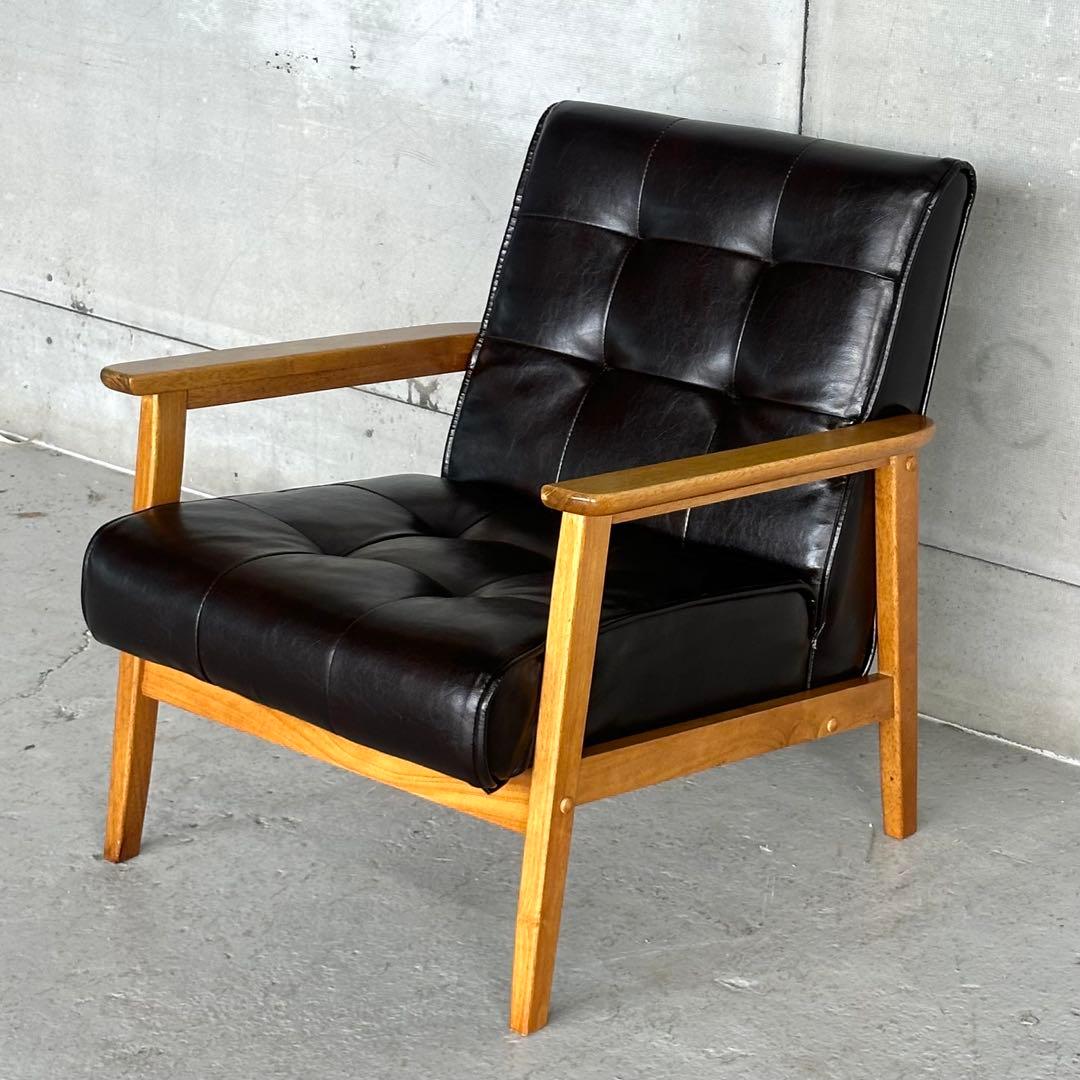 ✦昭和レトロ✦喫茶店風 木肘ソファ｜ブラックPUレザーチェア ヴィンテージ家具
