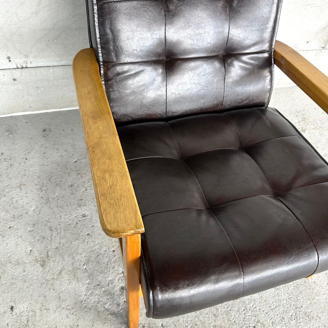 ✦昭和レトロ✦喫茶店風 木肘ソファ｜ブラックPUレザーチェア ヴィンテージ家具