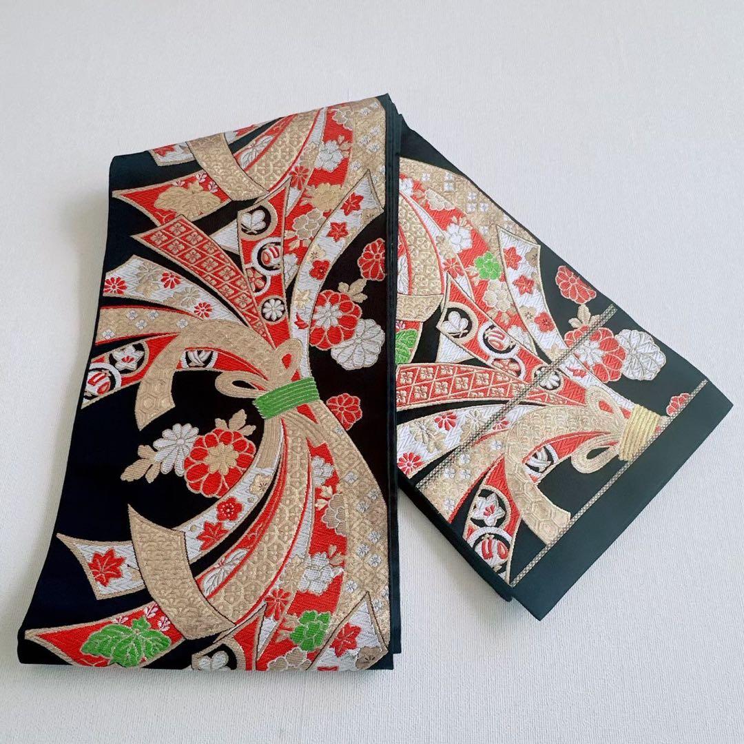 フルセット　七五三　７歳女の子　若草色　扇金糸　黒袋帯のし　半衿付長襦袢7075