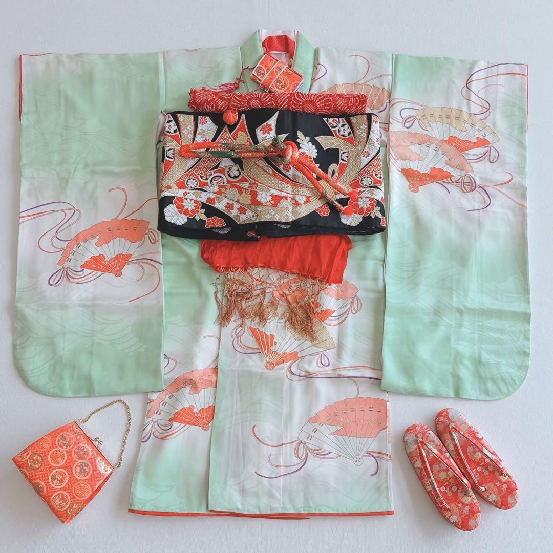 フルセット　七五三　７歳女の子　若草色　扇金糸　黒袋帯のし　半衿付長襦袢7075