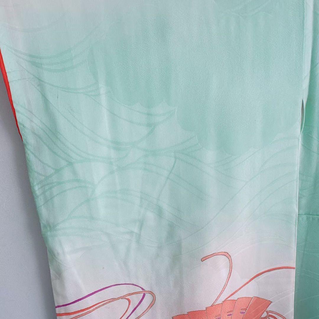 フルセット　七五三　７歳女の子　若草色　扇金糸　黒袋帯のし　半衿付長襦袢7075