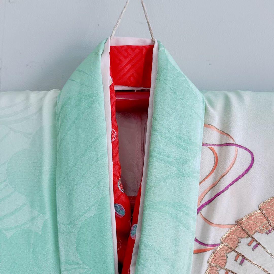 フルセット　七五三　７歳女の子　若草色　扇金糸　黒袋帯のし　半衿付長襦袢7075