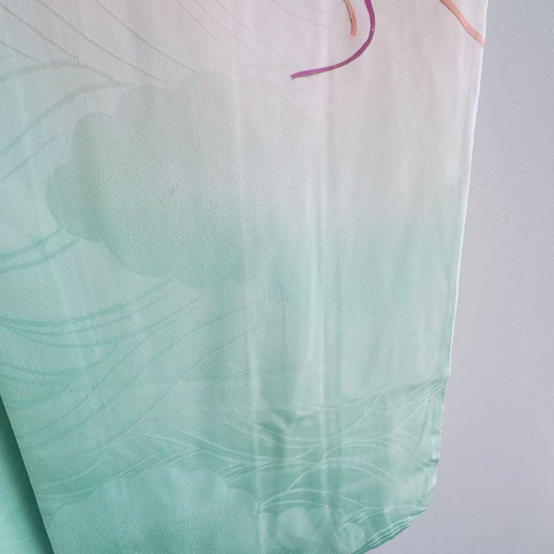 フルセット　七五三　７歳女の子　若草色　扇金糸　黒袋帯のし　半衿付長襦袢7075