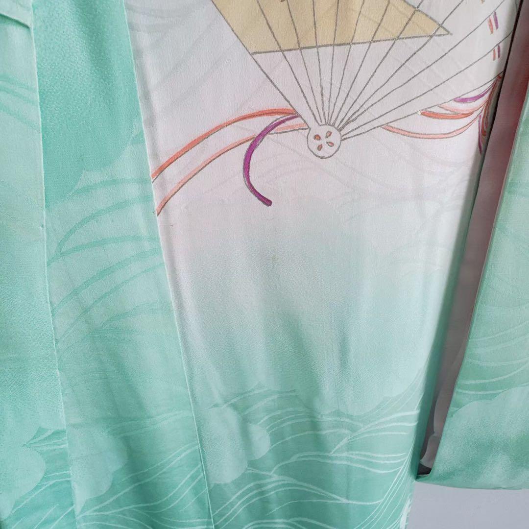 フルセット　七五三　７歳女の子　若草色　扇金糸　黒袋帯のし　半衿付長襦袢7075