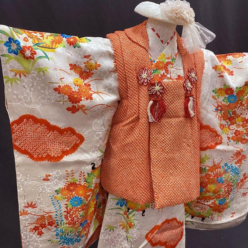 503ag100◎七五三 三歳 女児 着物&被布 部分絞り 梅 籠花 白◎