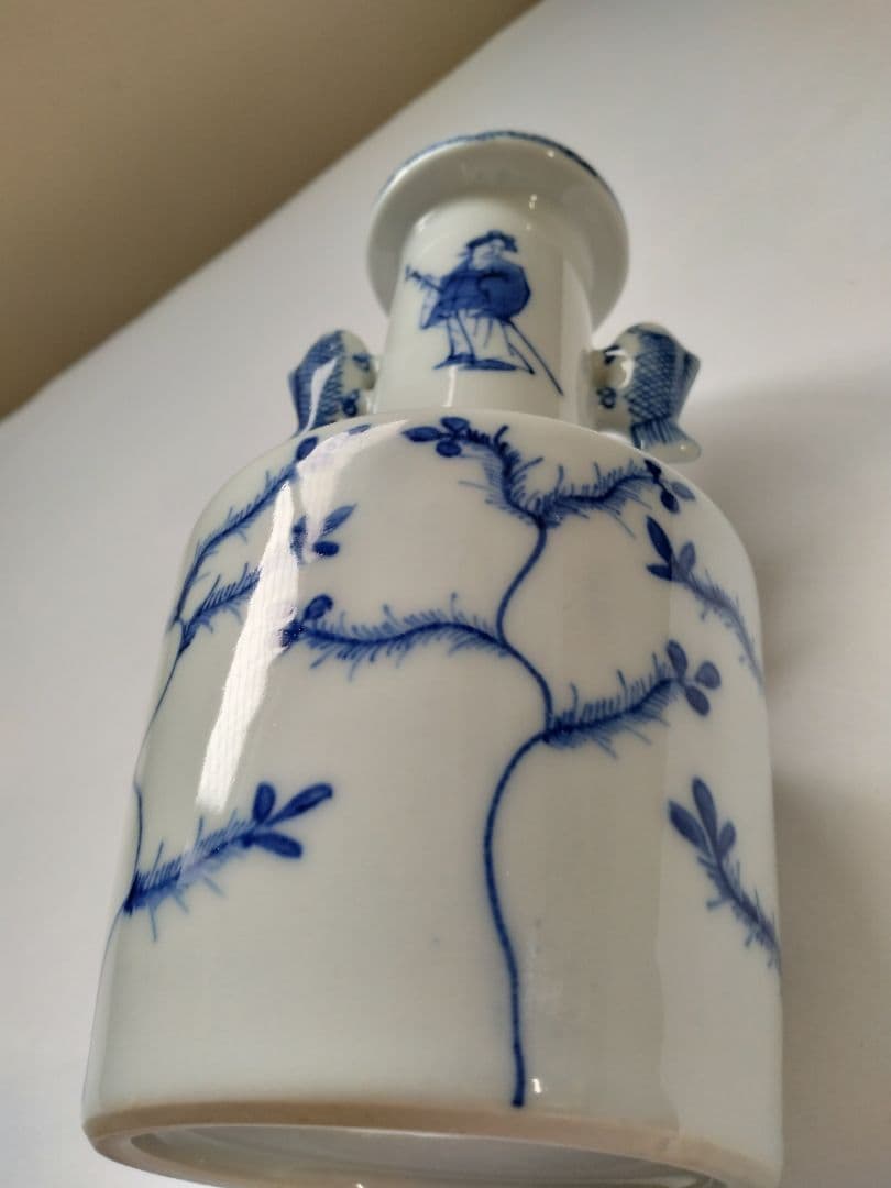 九谷　陶源製　高砂花入　染付鯉耳　華入