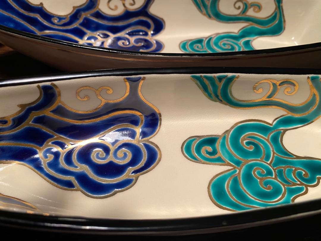 京焼焼向付　仁清流水舟形向付5客　新品未使用