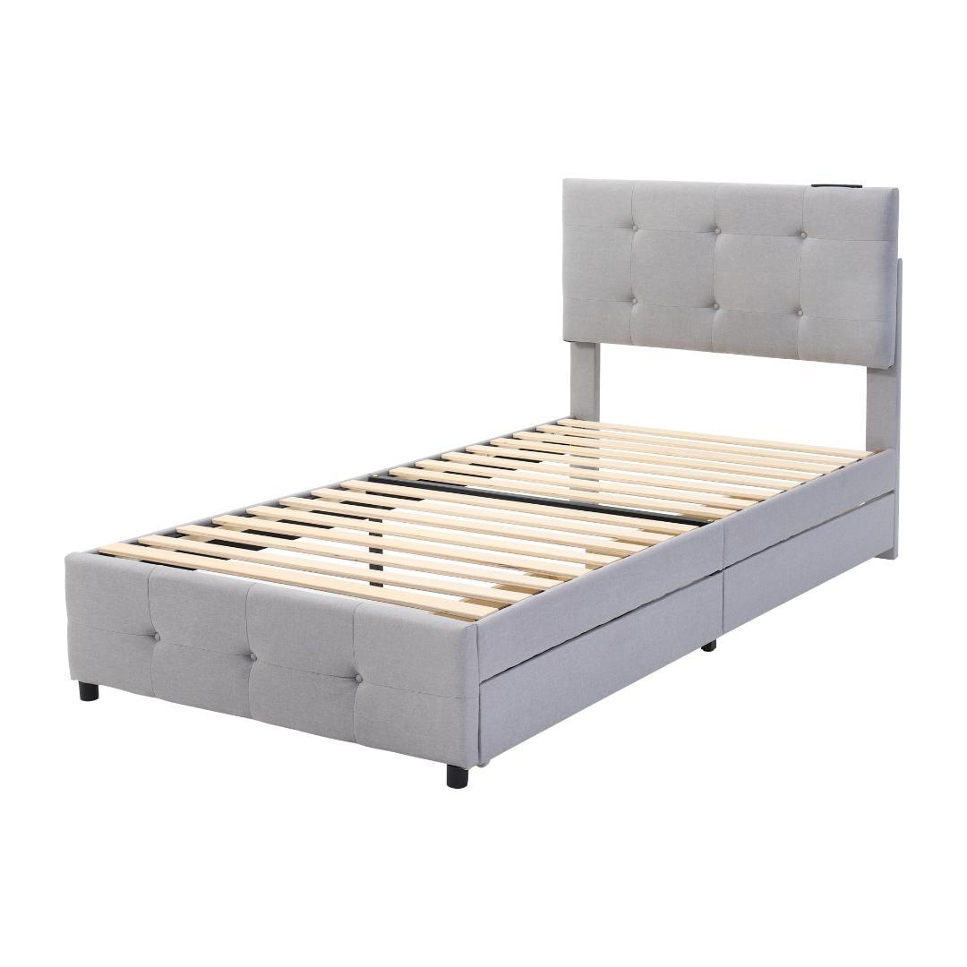 【新品】ライトグレー Sシングルベッド 布貼り 引き出し付き 北欧風