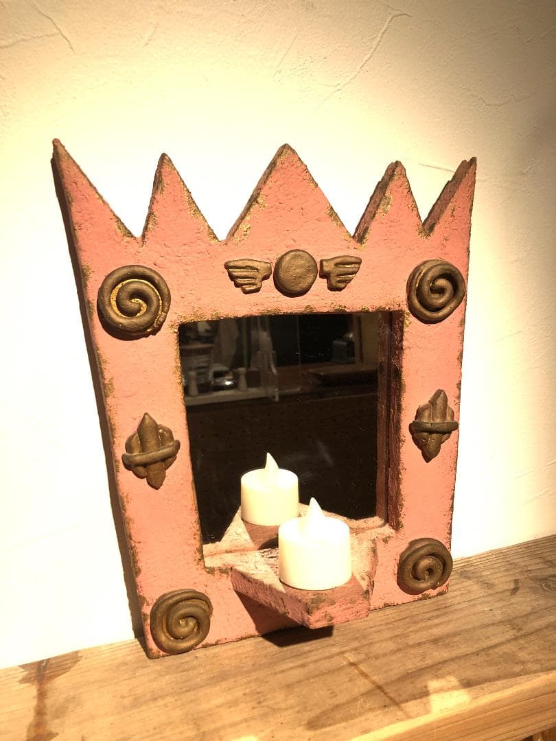 クラフト雑貨★壁掛けミラー鏡★90年代ロンドンで購入！★作家物手作りメルヘン雑貨