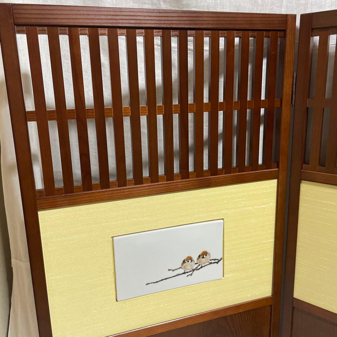 高級衝立　天然木　二曲　雀　九谷焼　二曲九谷屏風