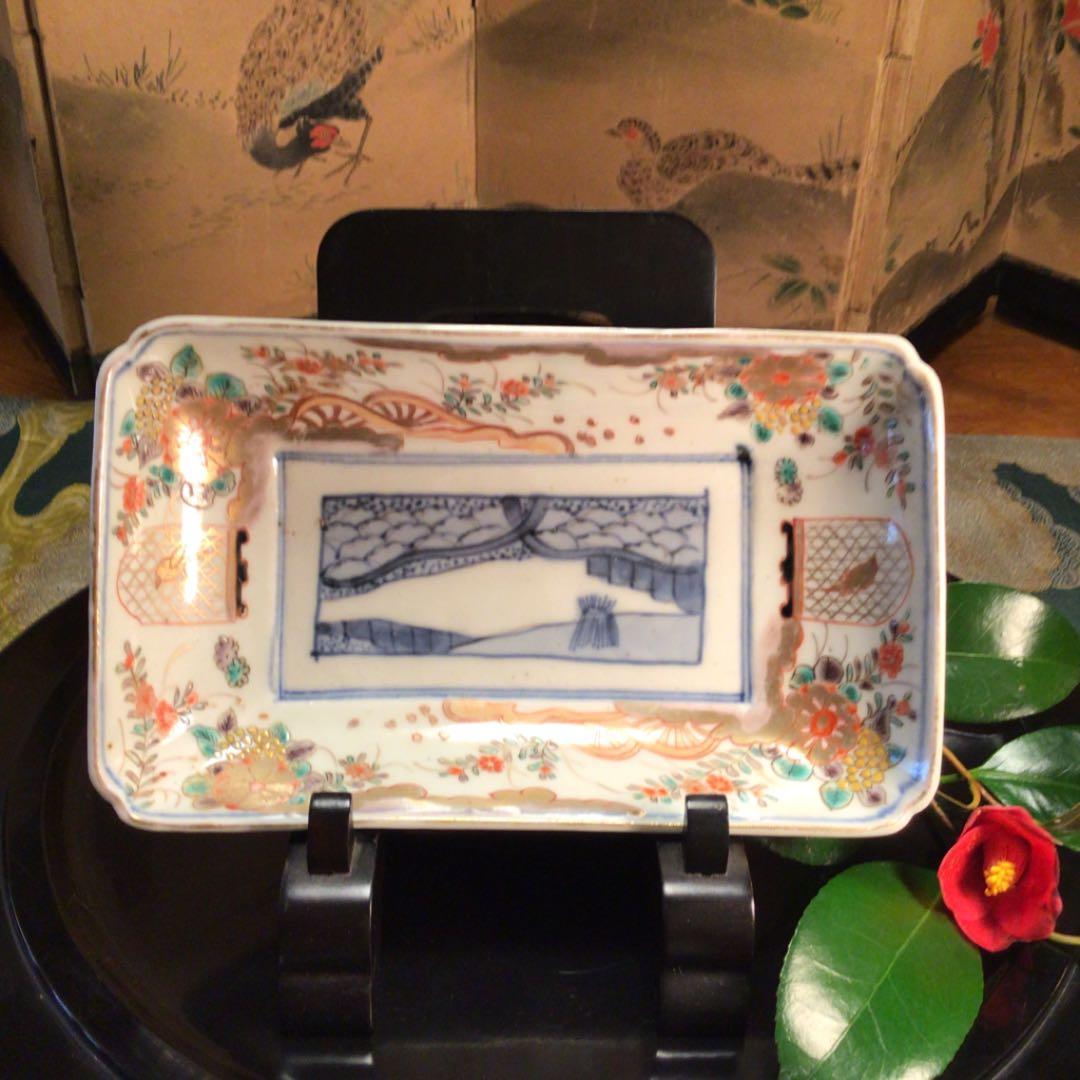 A500 古伊万里　染錦手　籠に鳥　水車草花紋様　隅切長皿　5枚