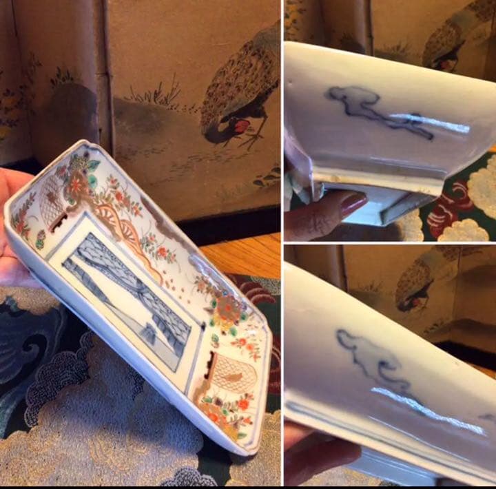 A500 古伊万里　染錦手　籠に鳥　水車草花紋様　隅切長皿　5枚