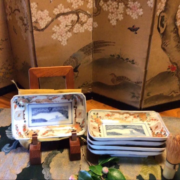 A500 古伊万里　染錦手　籠に鳥　水車草花紋様　隅切長皿　5枚