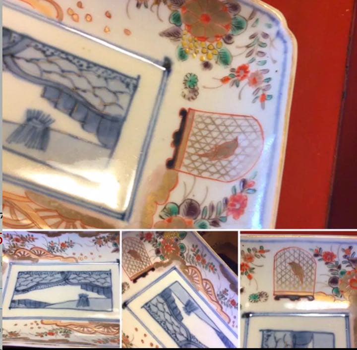 A500 古伊万里　染錦手　籠に鳥　水車草花紋様　隅切長皿　5枚