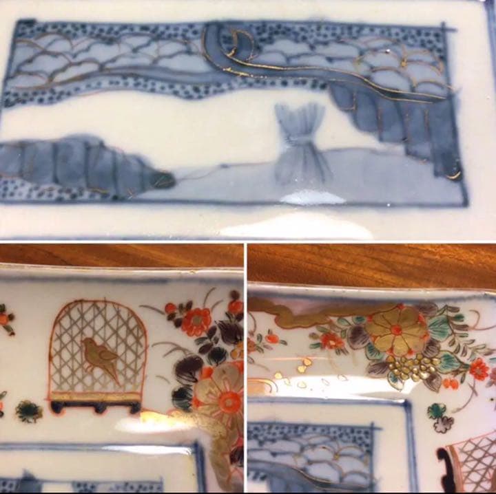 A500 古伊万里　染錦手　籠に鳥　水車草花紋様　隅切長皿　5枚