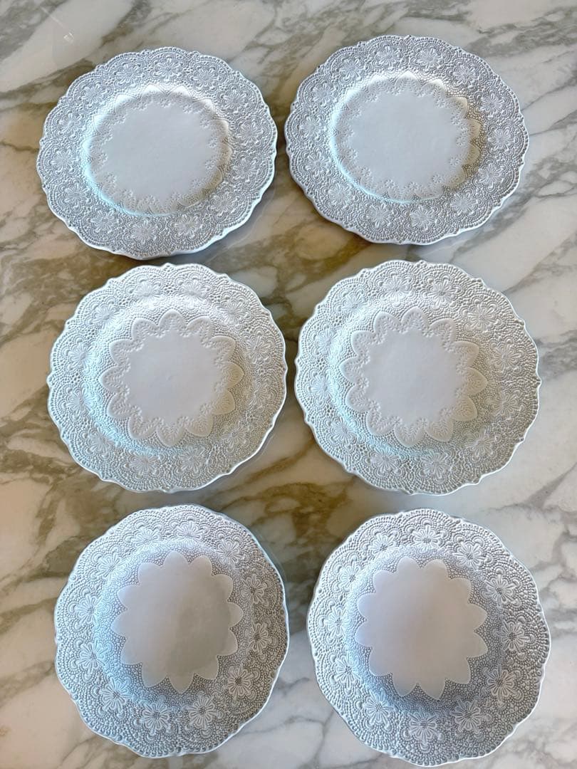 ブランディボワール レース模様 ホワイト陶器皿 6枚セット