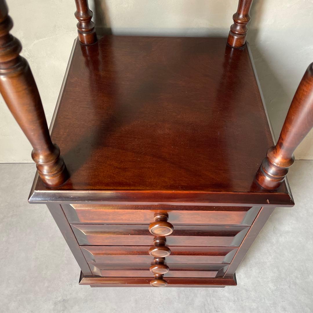 木製　桜材　ダークブラウン　電話台　民芸家具　抽斗４杯　アンティーク風　レトロ