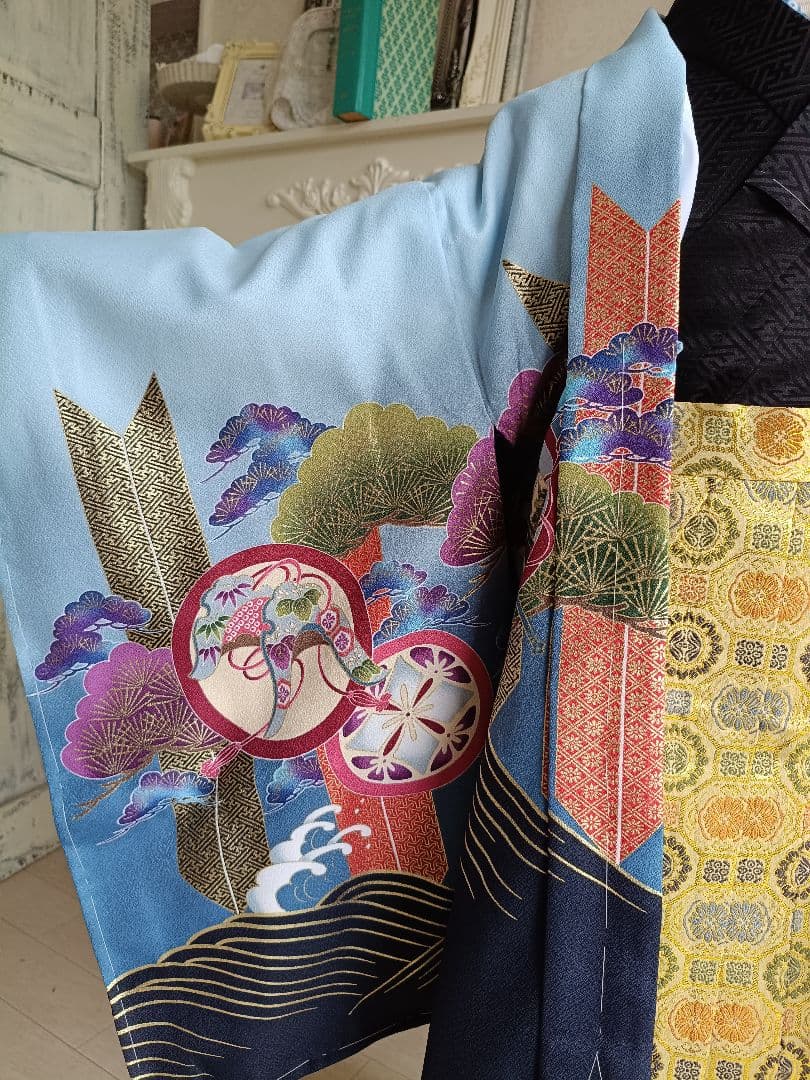 新品☆薄いブルー鷹に刺繍入りの羽織が格好良い☆男の子七五三フルセット