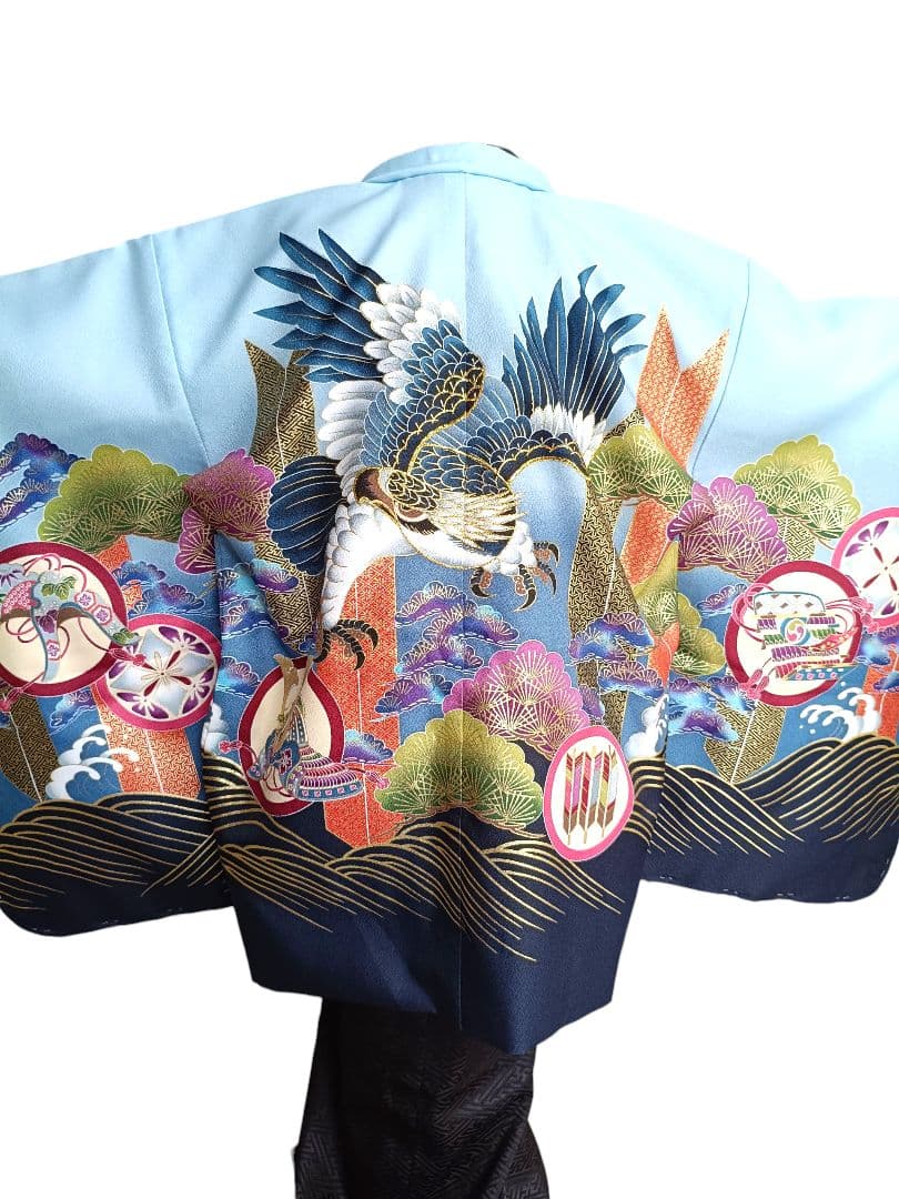 新品☆薄いブルー鷹に刺繍入りの羽織が格好良い☆男の子七五三フルセット