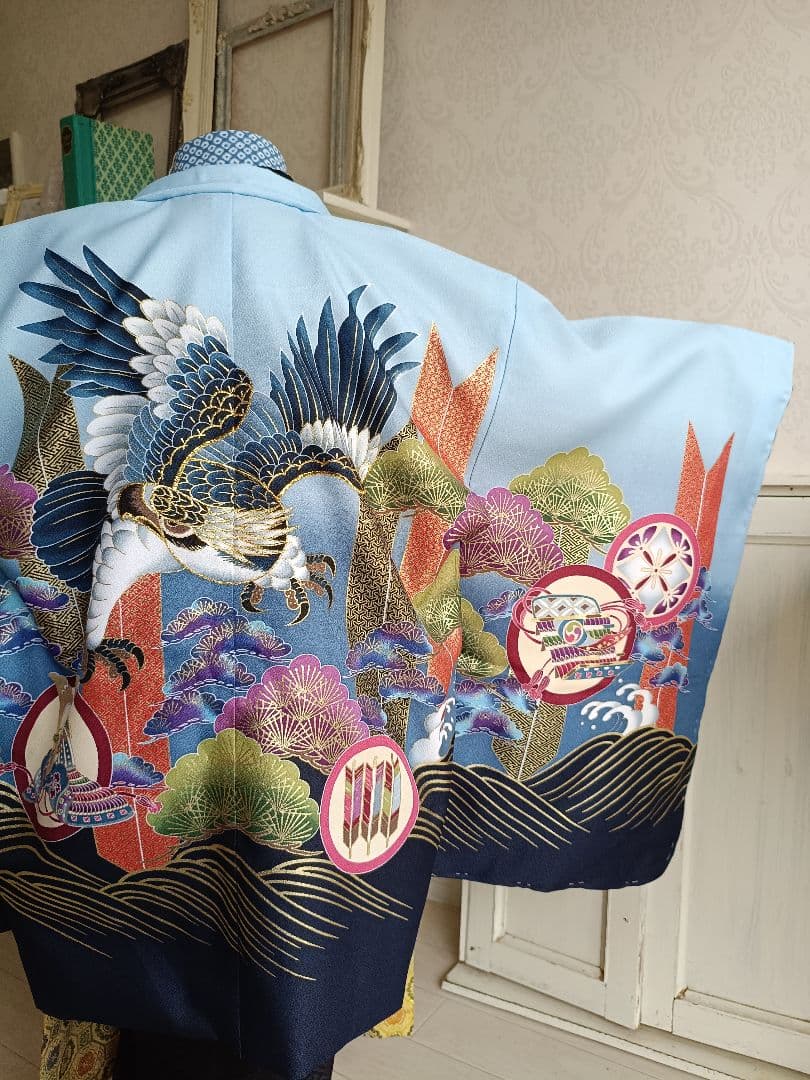 新品☆薄いブルー鷹に刺繍入りの羽織が格好良い☆男の子七五三フルセット